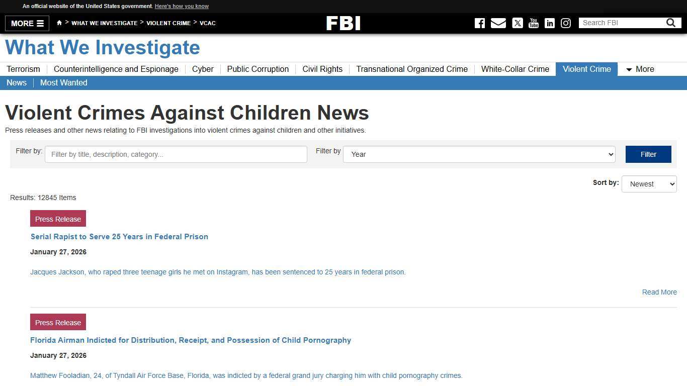 Violent Crimes Against Children News — FBI