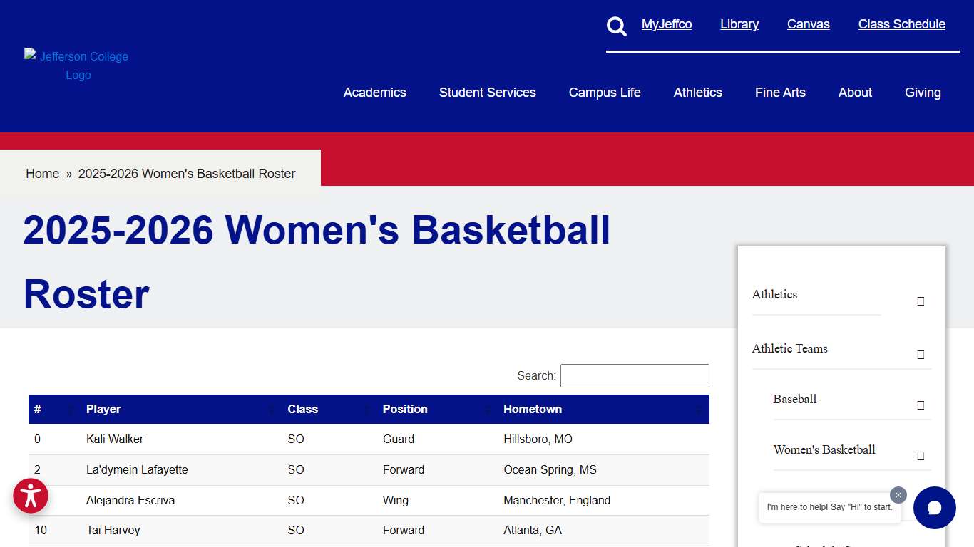 2025-2026 Women's Basketball Roster - Jefferson College