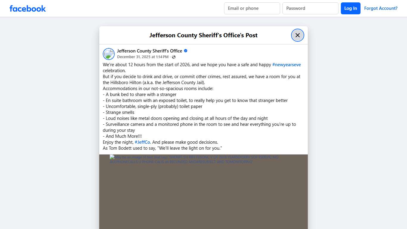 We're about 12 hours... - Jefferson County Sheriff's Office Facebook